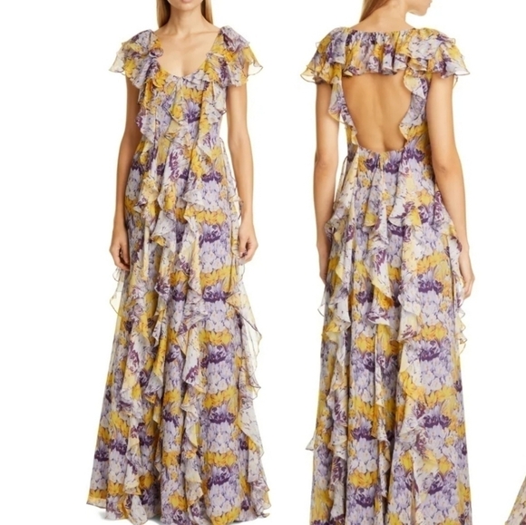 New Flor et. al Valles Floral Silk Chiffon Ruffle Lilac Gown Resort '20 4 US NWT - Picture 3 of 17